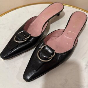 Prada Black Leather Mules with Silver Buckle